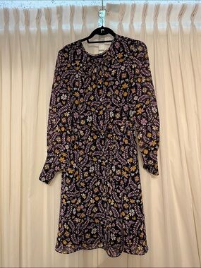 Boden Black Long-Sleeve Floral Dress with Purple and Yellow Blooms